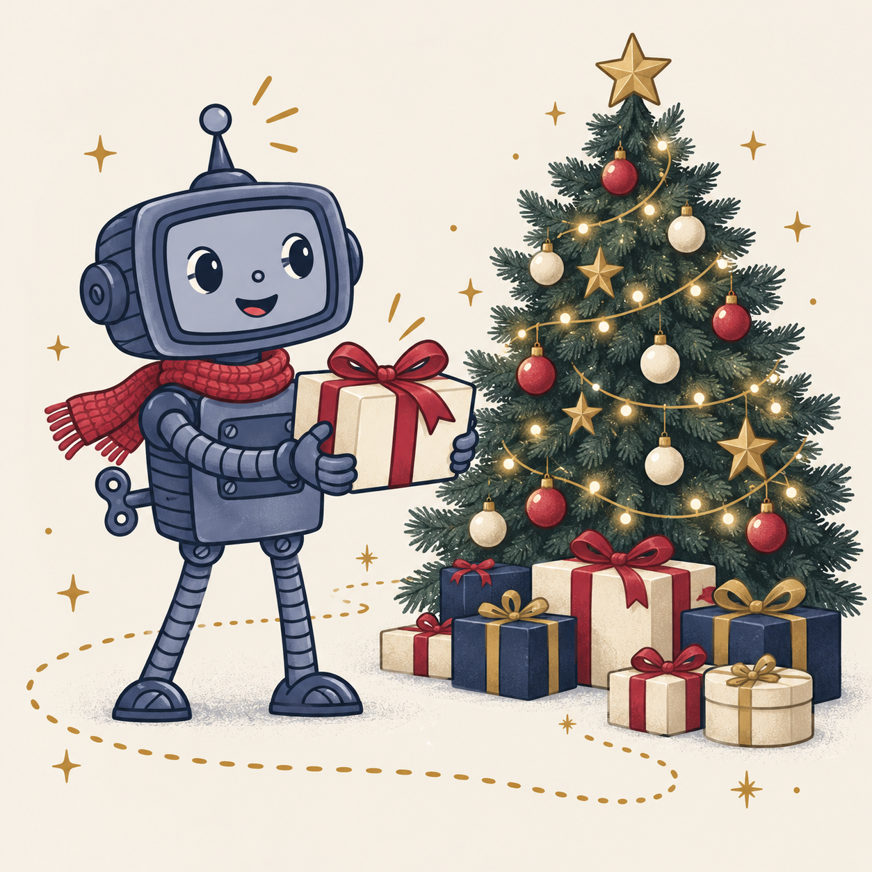 Robot nanoSPACE s vánočním dárkem u rozsvíceného stromečku