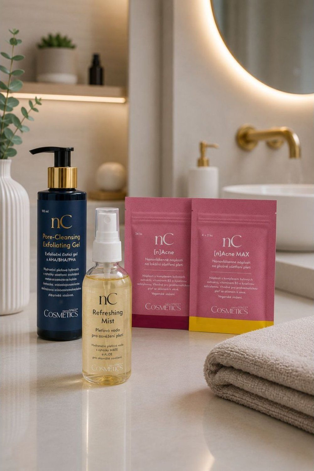 Intenzivní kúra na akné v koupelně: peelingový gel, pleťová voda Refreshing Mist a náplasti [n]Acne a [n]Acne MAX