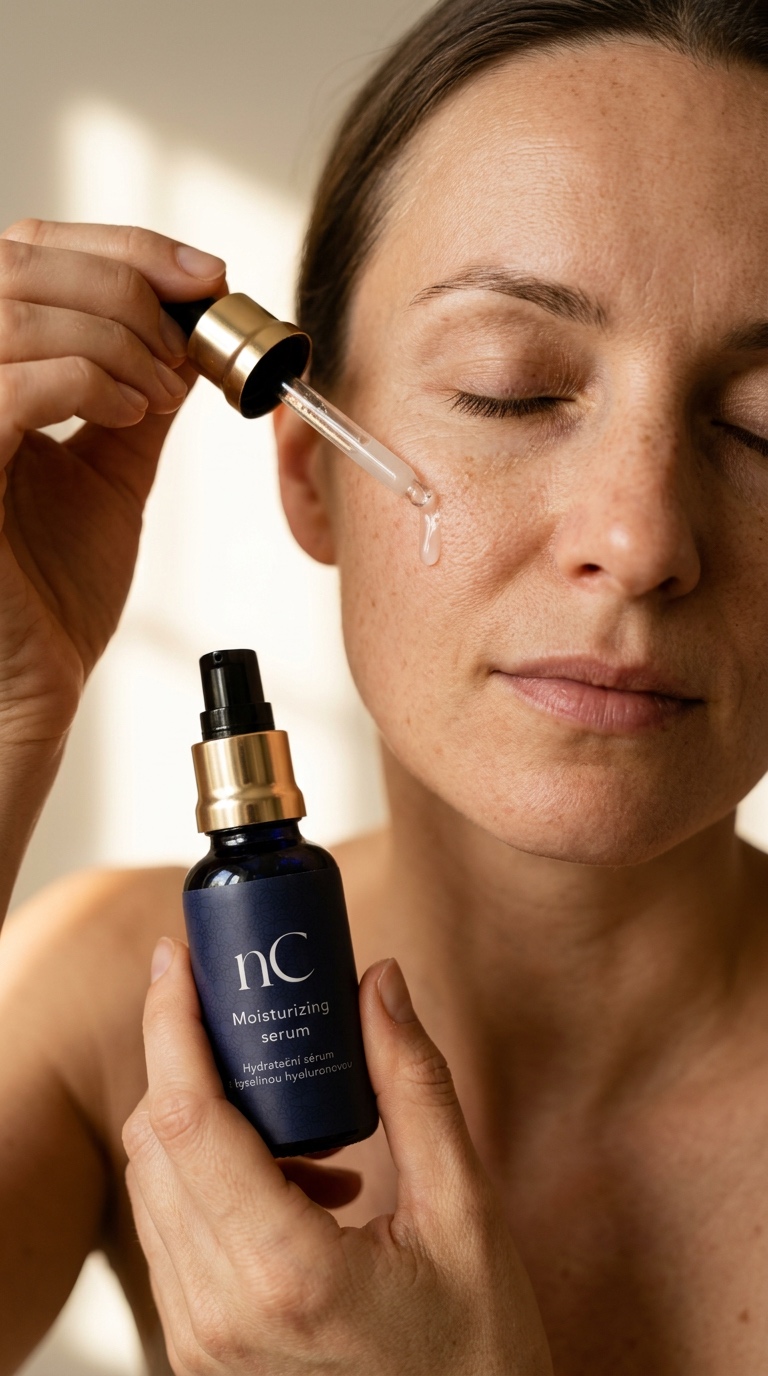 Žena nanáší pleťové sérum nanoSPACE Cosmetics na tvář