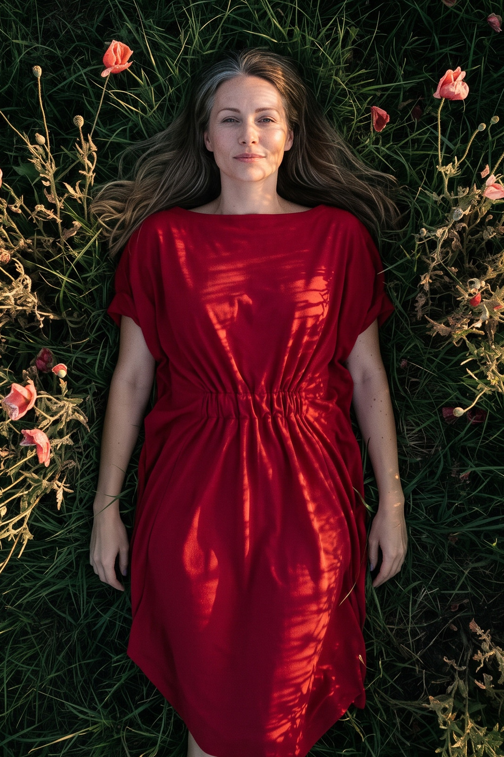 Žena v letních červených šatech Summer Eagle nanoSPACE by LADA ležící v makovém poli